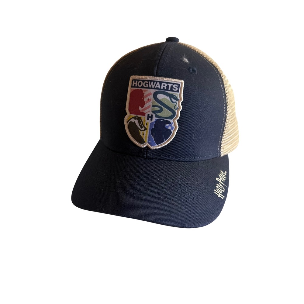Harry Potter Trucker Hat Navy Tan Hogwarts Crest Melonwear Snapback Cap